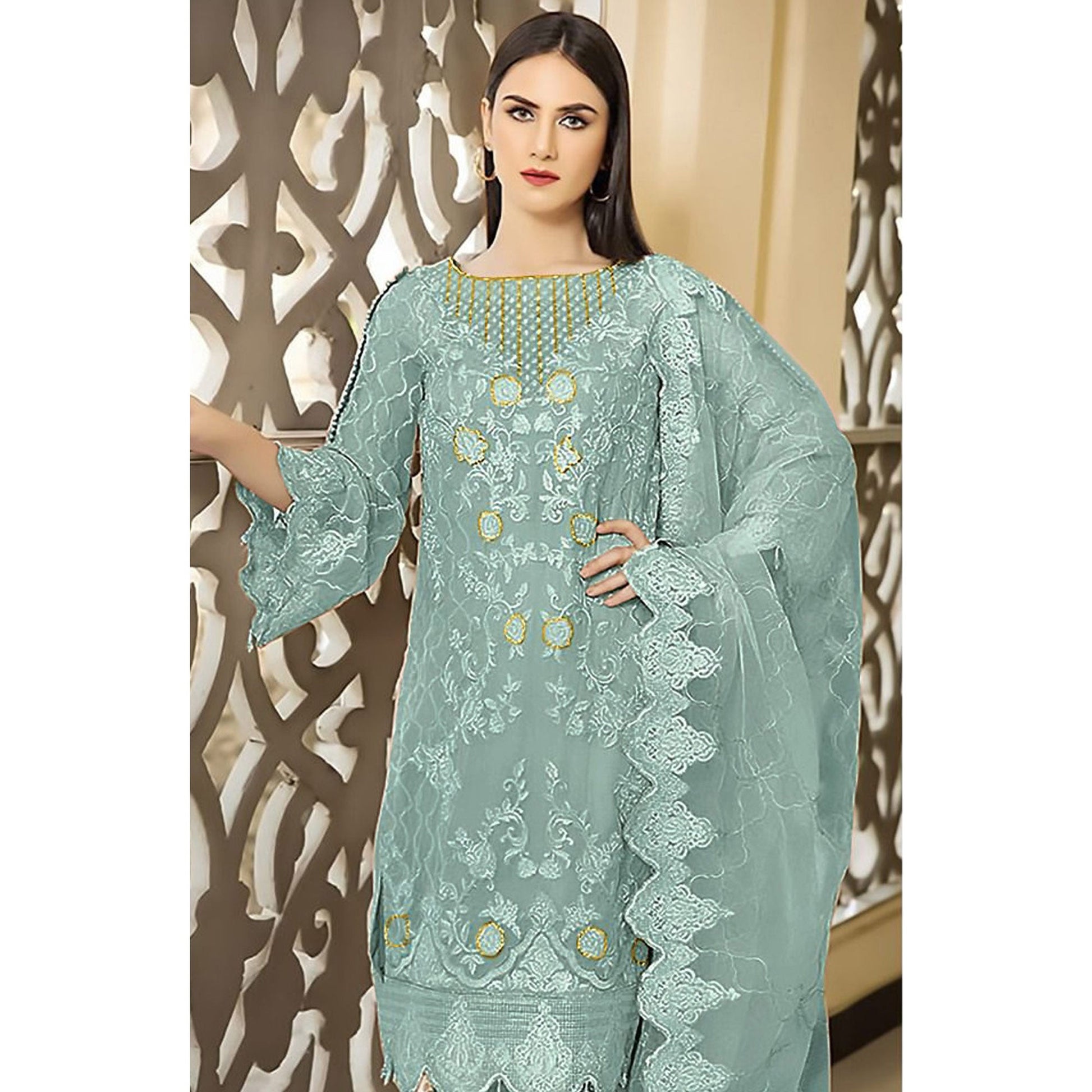 Light Turquoise Floral Embroidered Georgette Semi Stitched Pakistani Suit