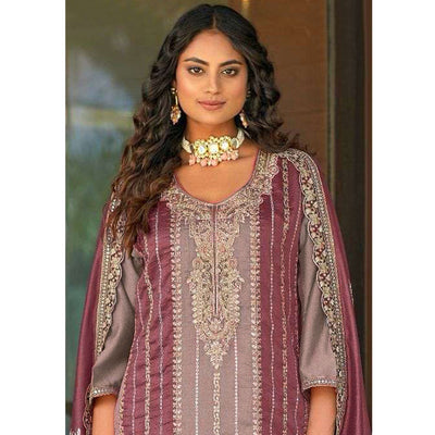 Mauve Floral Embroidered Vichitra Silk Semi Stitched Pakistani Suit
