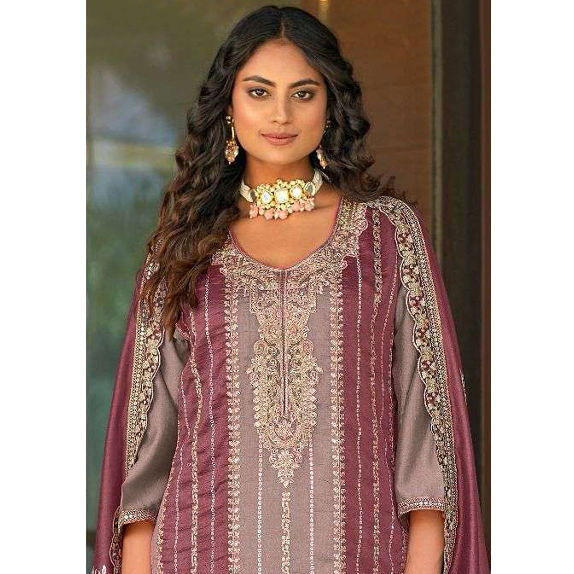 Mauve Floral Embroidered Vichitra Silk Semi Stitched Pakistani Suit