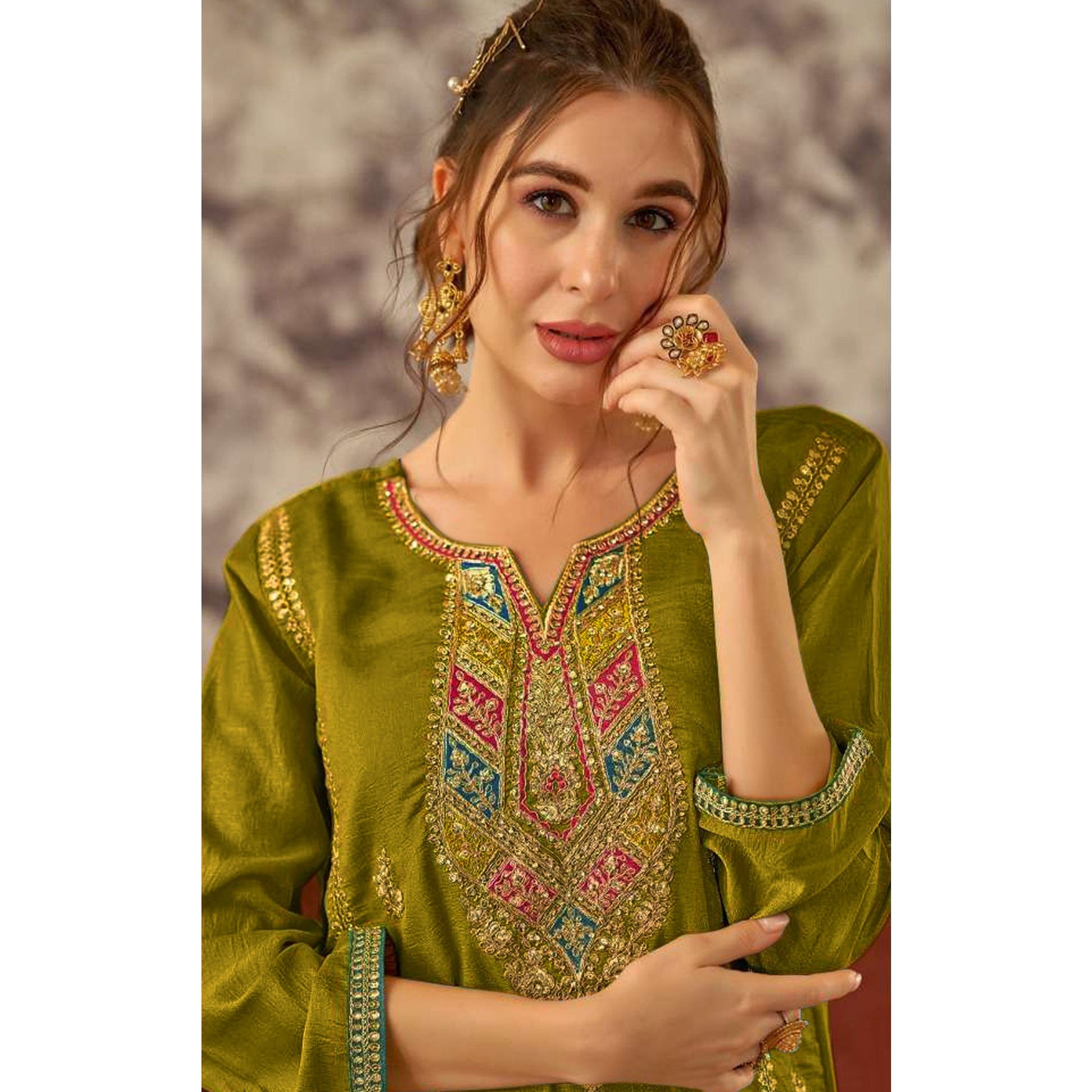 green-floral-embroidered-vichitra-silk-semi-stitched-pakistani-suit