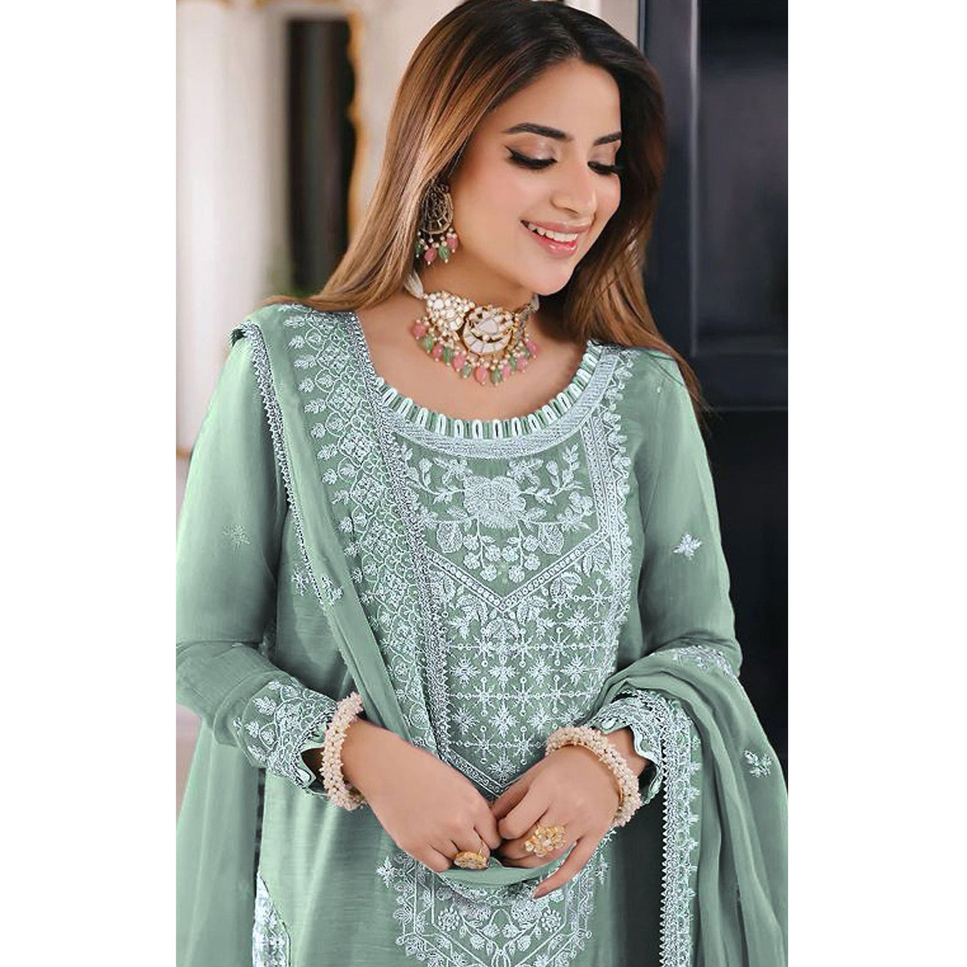 green-embroidered-organza-pakistani-dress-material