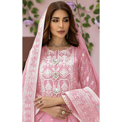 Light Pink Embroidered Organza Pakistani Semi Stitched Dress Material