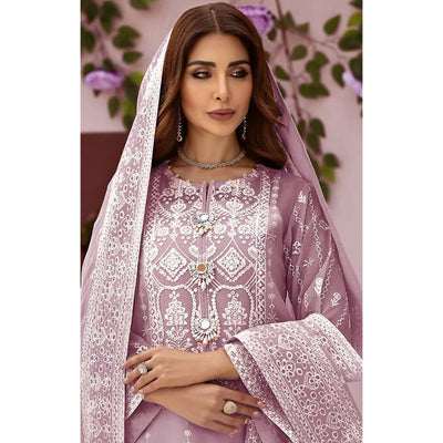 Light Purple Embroidered Organza Pakistani Semi Stitched Dress Material