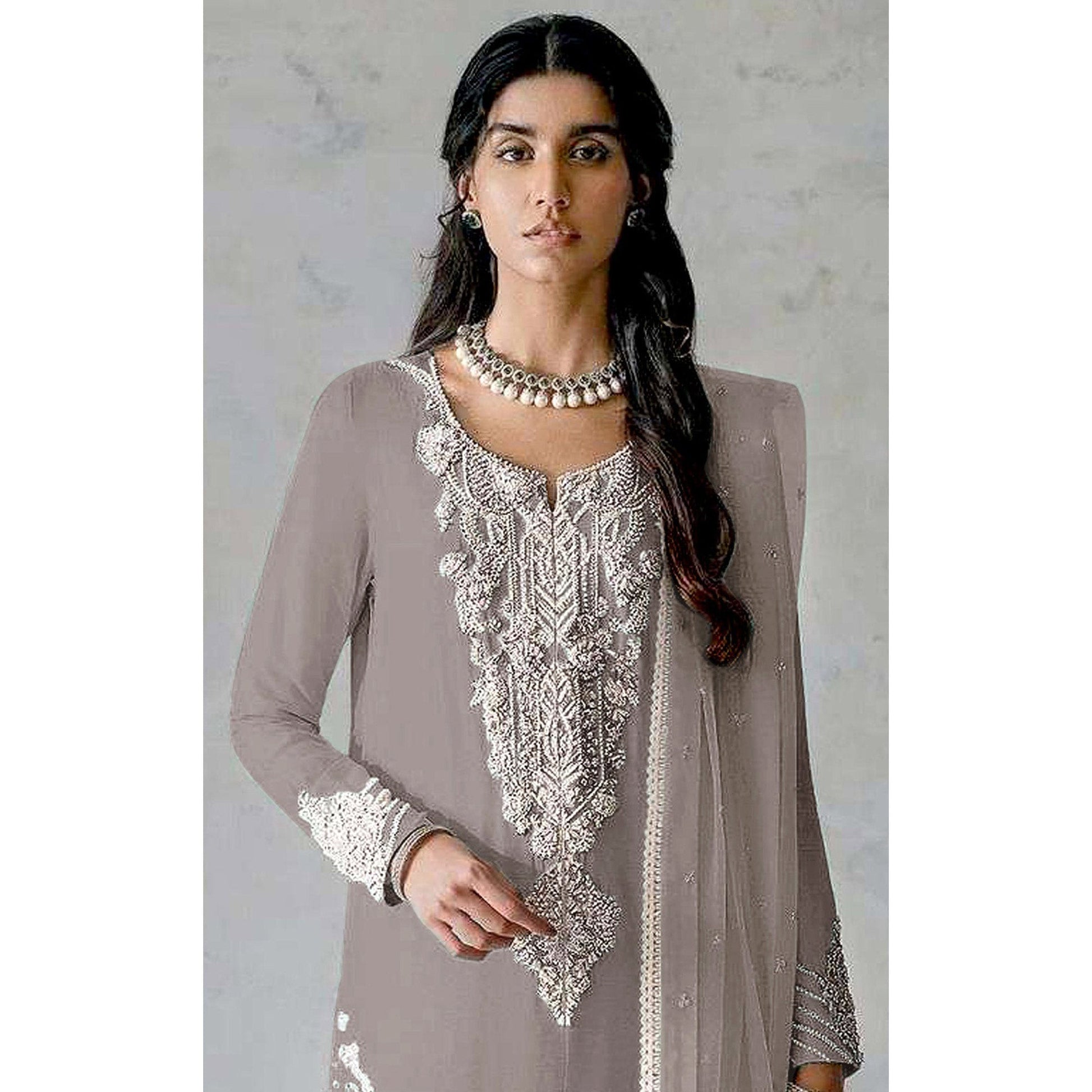 Light Grey Embroidered Georgette Pakistani Dress Material