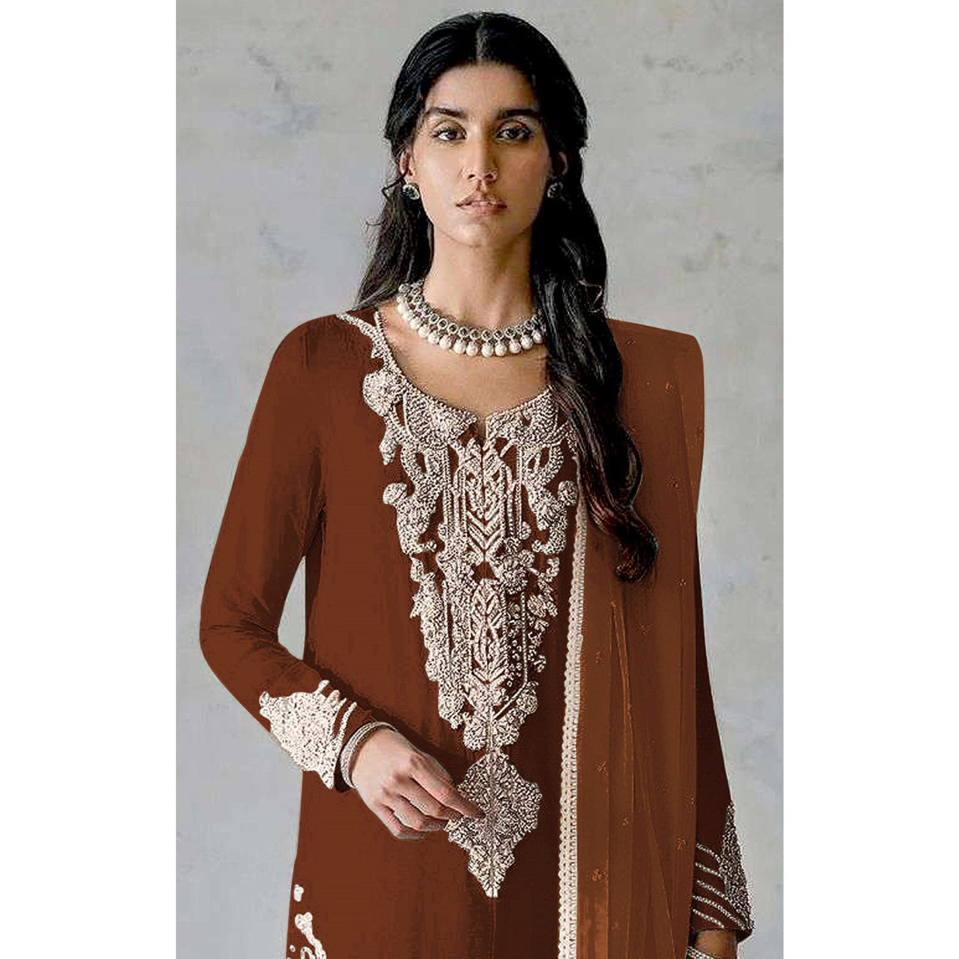 Brown Embroidered Georgette Pakistani Dress Material