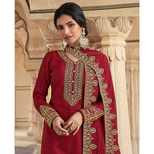 Maroon Floral Sequins Embroidered Dola Silk Palazzo Suit