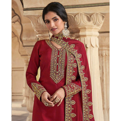 Maroon Floral Sequins Embroidered Dola Silk Palazzo Suit