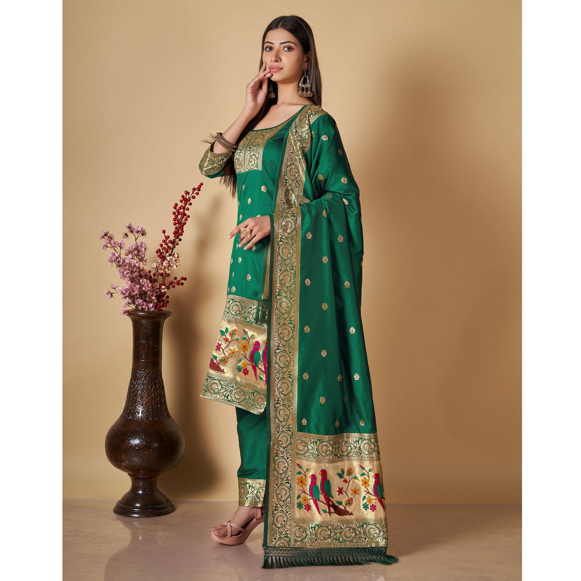 green-floral-woven-banarasi-silk-paithani-dress-material-2