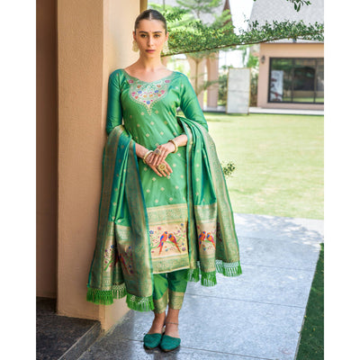 green-floral-woven-banarasi-silk-paithani-dress-material