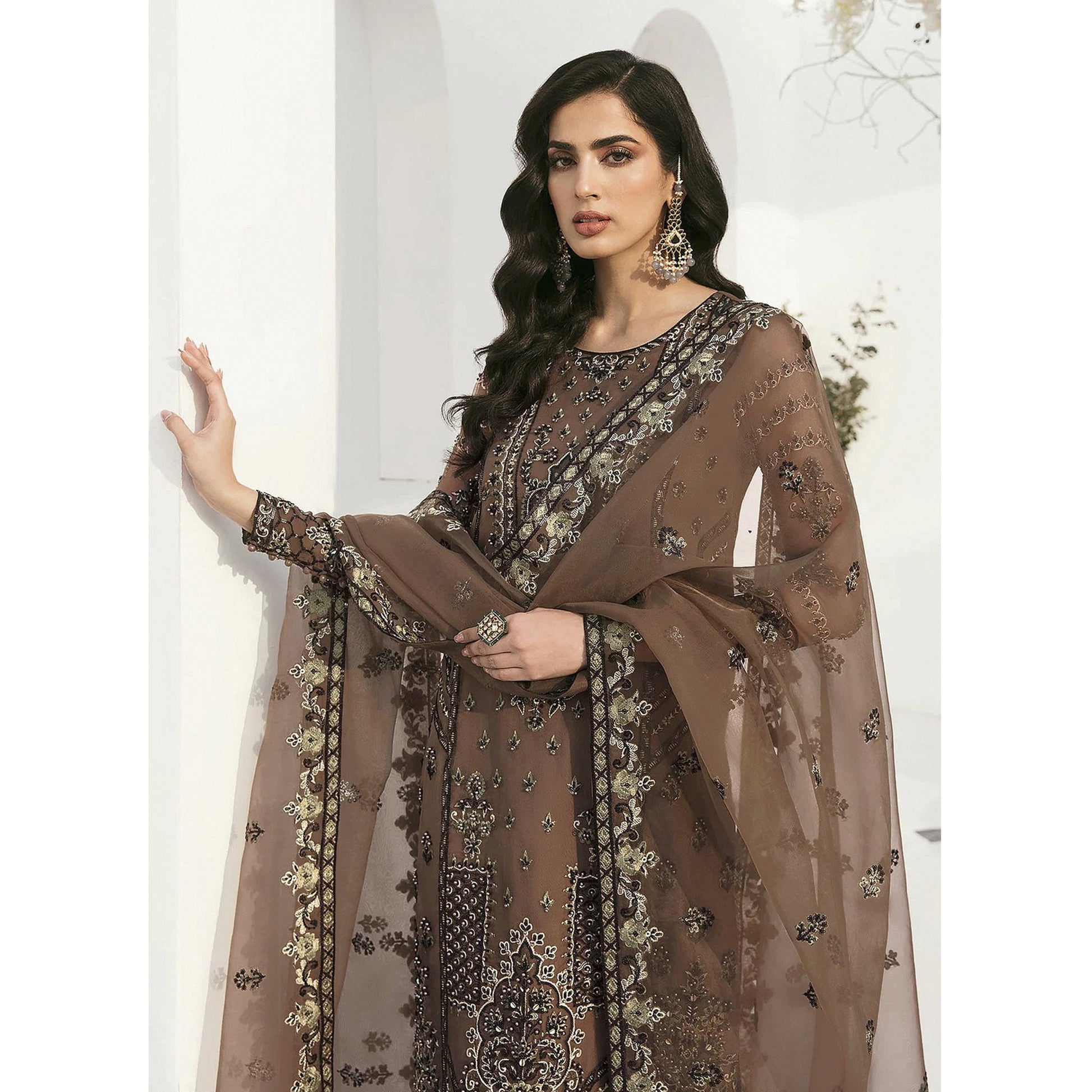 Brown Floral Embroidered Georgette Semi Stitched Pakistani Suit