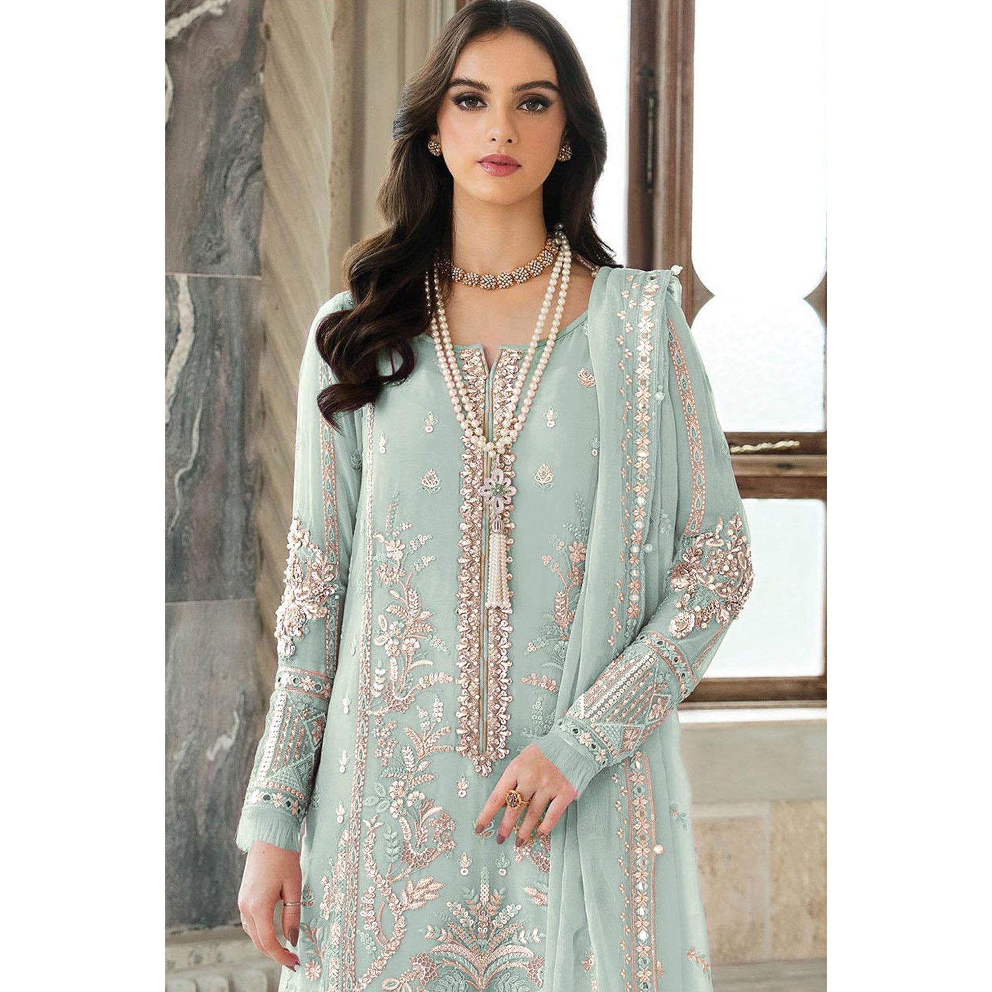 green-floral-sequins-embroidered-georgette-semi-stitched-suit-2