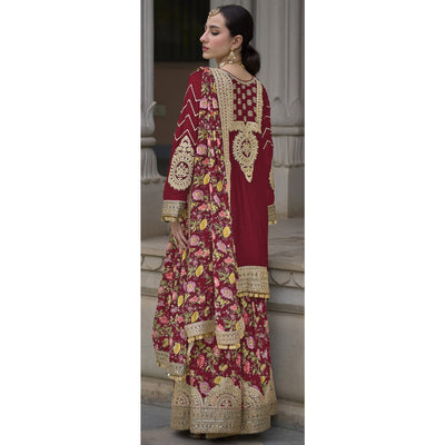 Maroon Floral Sequins Embroidered Chinon Salwar Suit