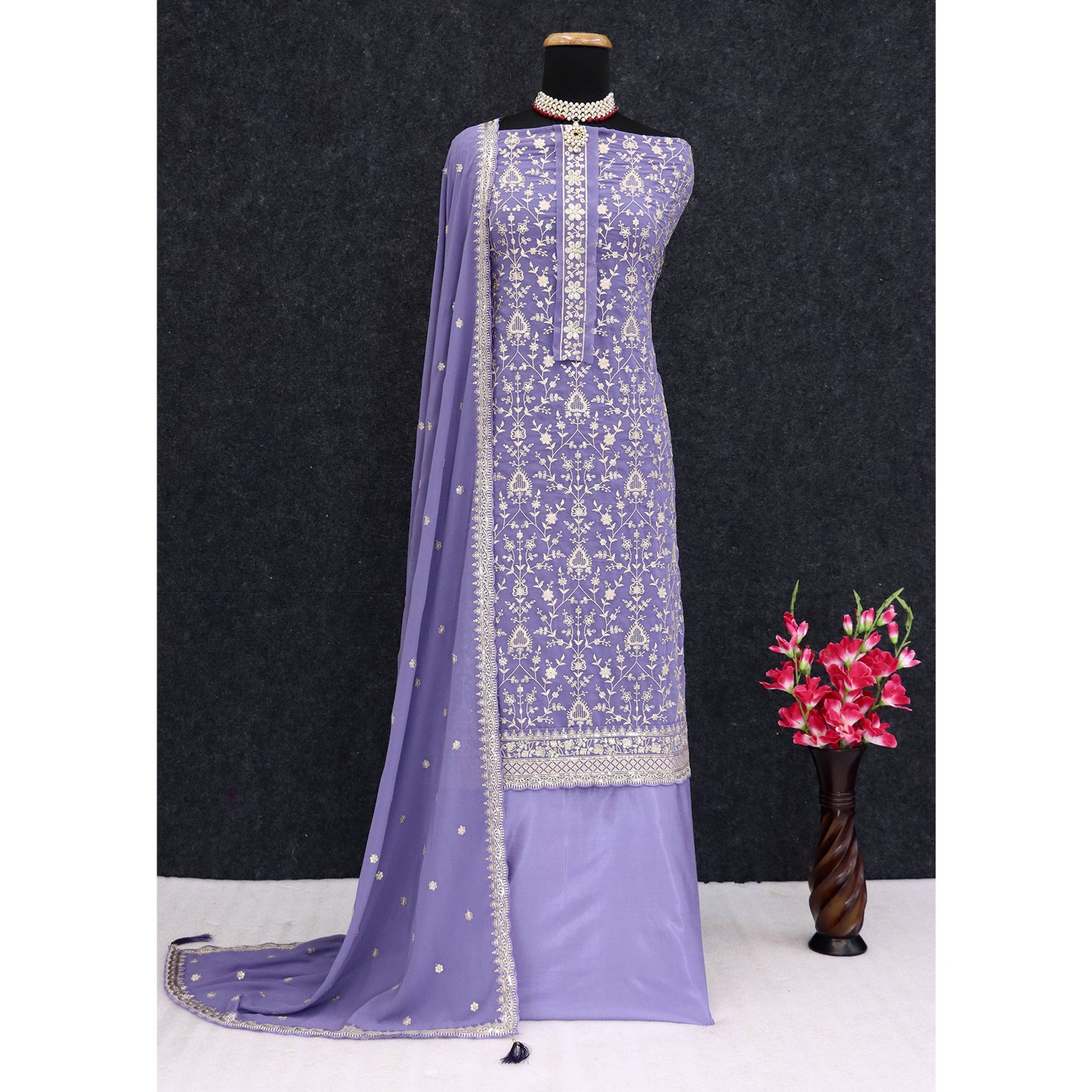 Lavender Floral Sequins Embroidery Georgette Semi Stitched Salwar Suit