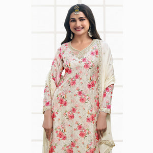 Cream Embroidered Chinon Semi Stitched Dress Material