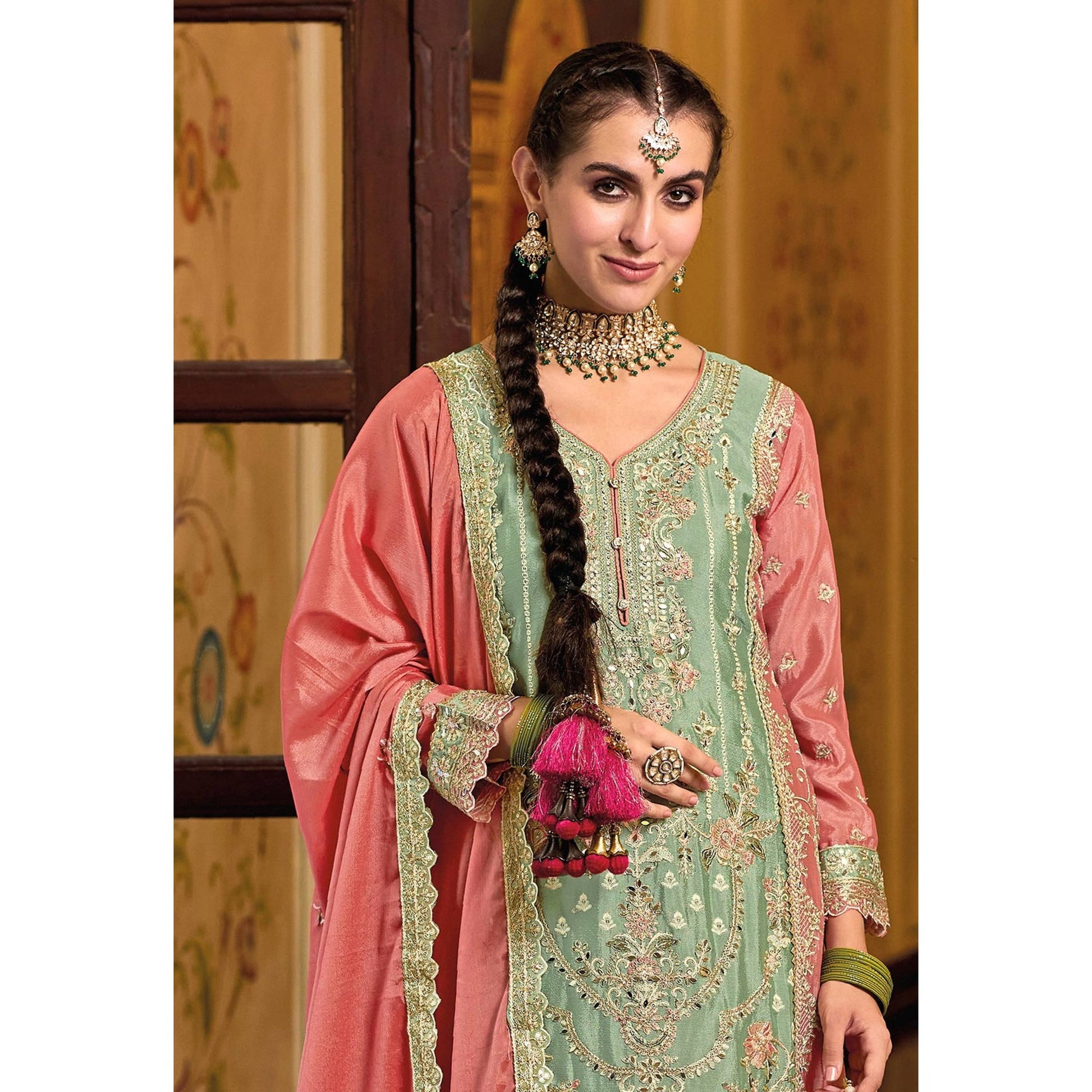green-floral-embroidered-chinon-semi-stitched-palazzo-suit