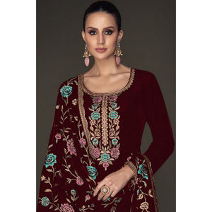 Maroon Floral Embroidered Velvet Semi Stitched Suit
