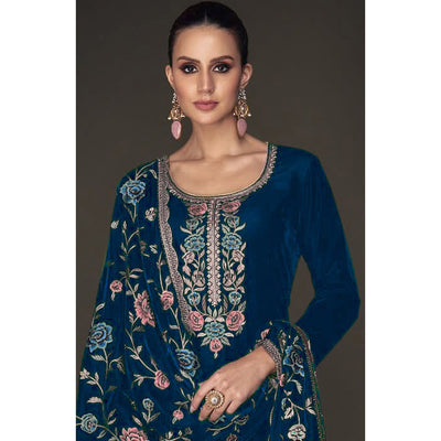 Morpich Floral Embroidered Velvet Semi Stitched Suit