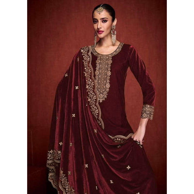Maroon Floral Embroidered Velvet Semi Stitched Suit