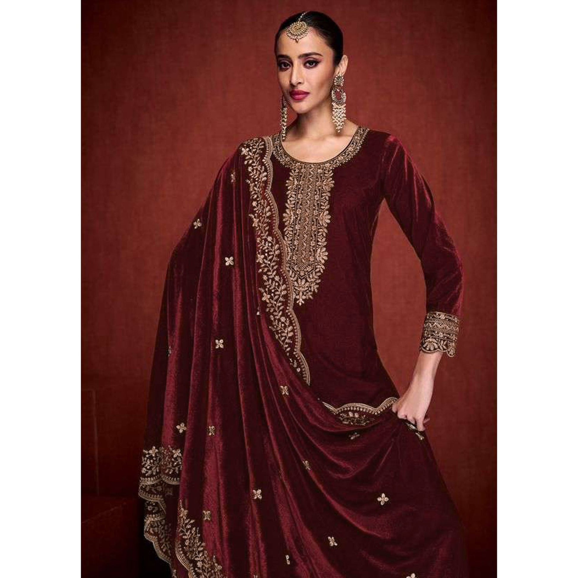 Maroon Floral Embroidered Velvet Semi Stitched Suit