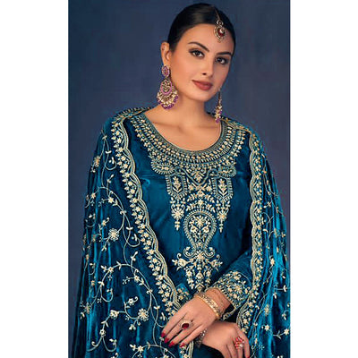 Morpich Floral Sequins Embroidered Velvet Semi Stitched Suit