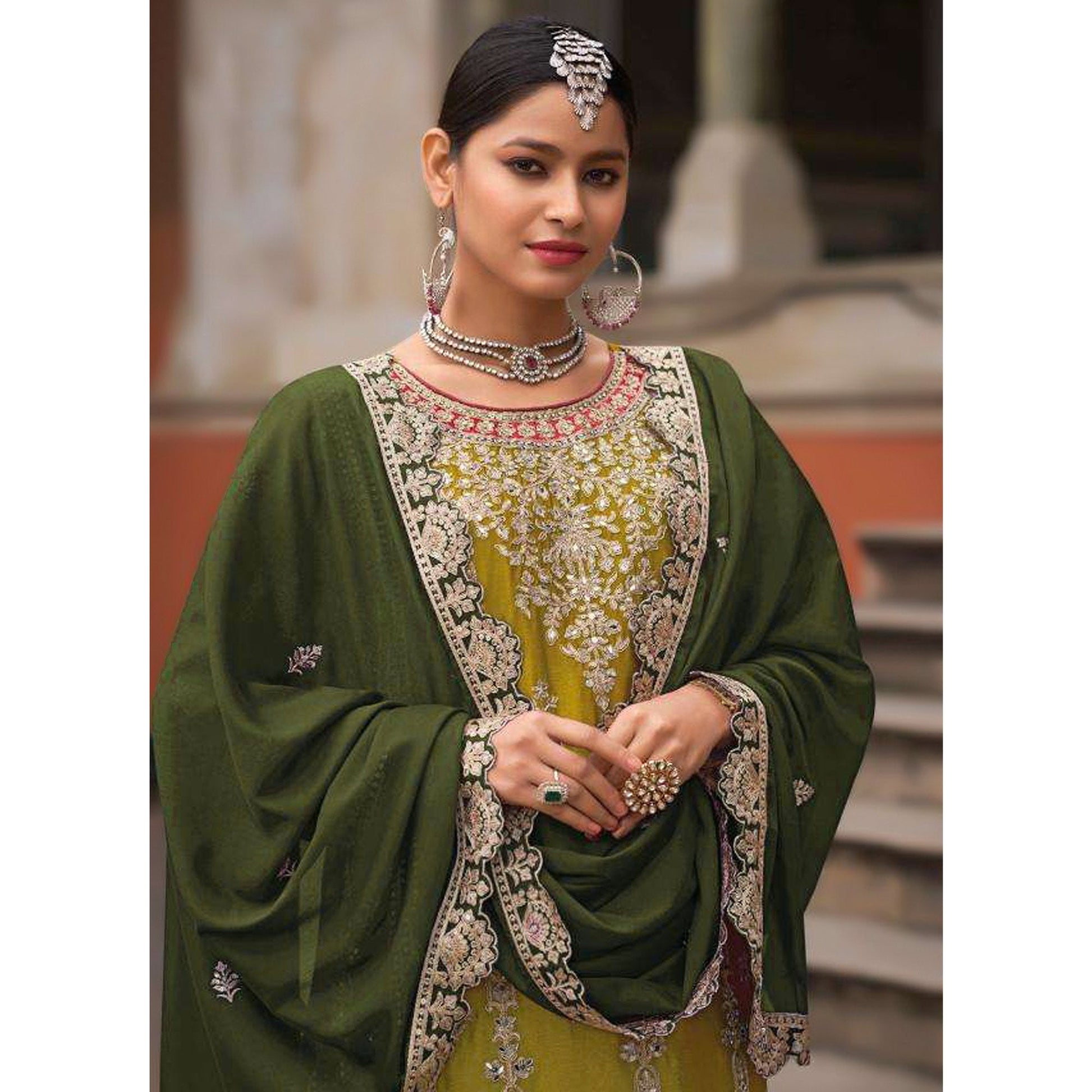 Dark Mustard Floral Sequins Embroidered Chinon Silk Palazzo Suit