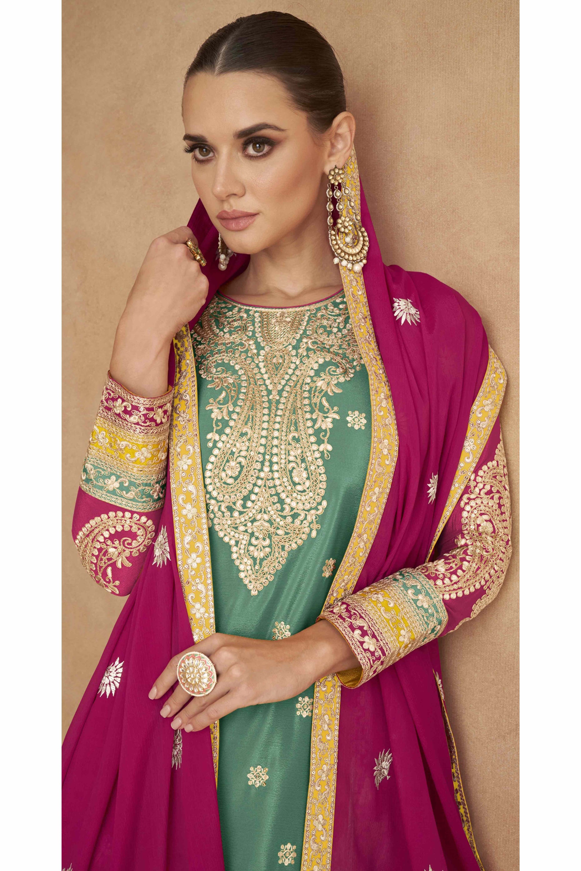 green-embroidered-sequins-work-chinon-semi-stitched-salwar-suit