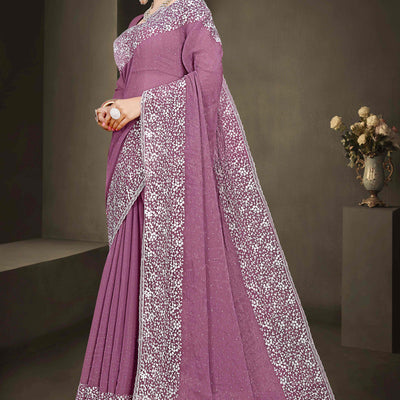Mauve Floral Embroidery With Stonework Chiffon Shimmer Saree