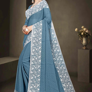 Bluyish Grey Floral Embroidery With Stonework Chiffon Shimmer Saree
