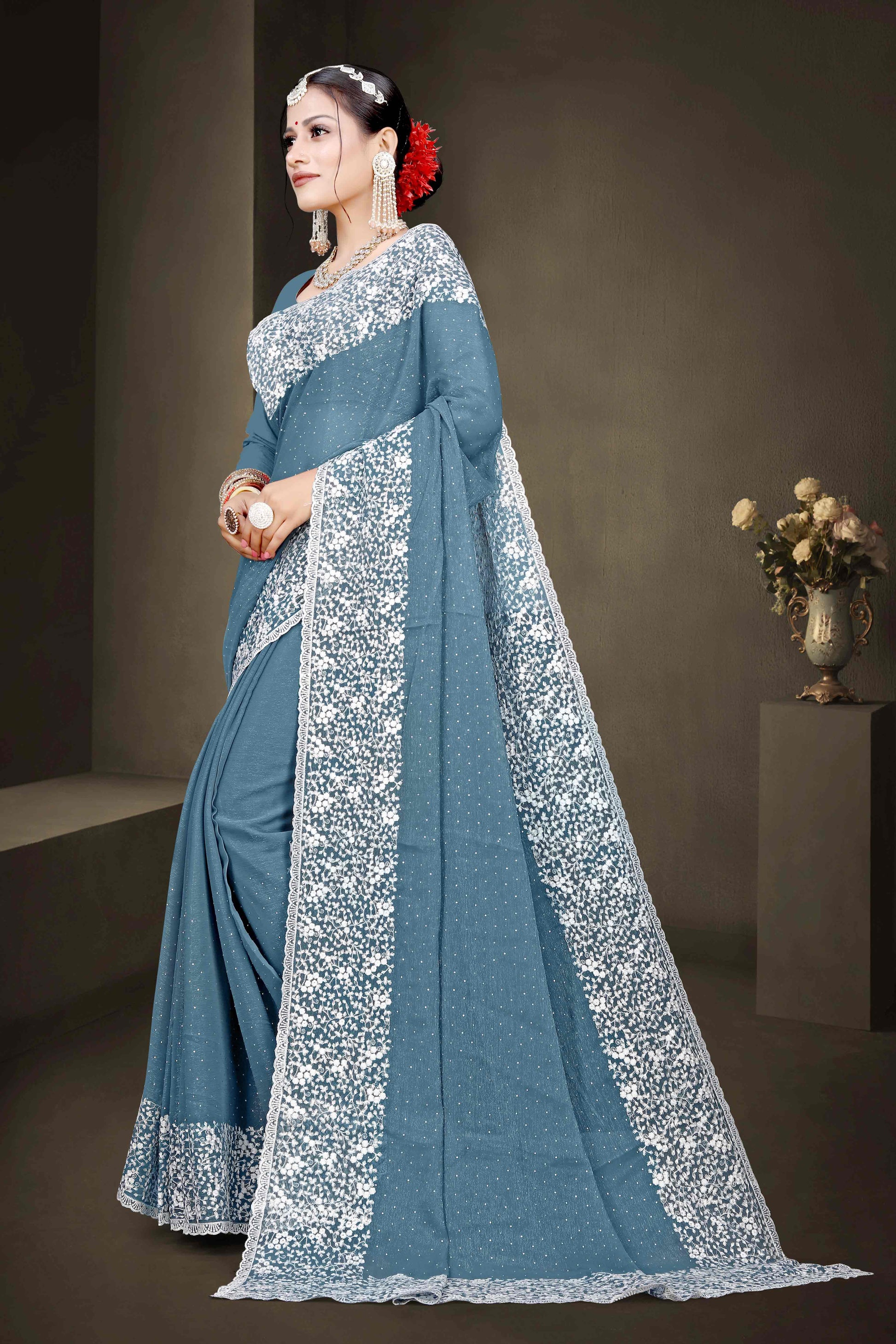 Bluyish Grey Floral Embroidery With Stonework Chiffon Shimmer Saree