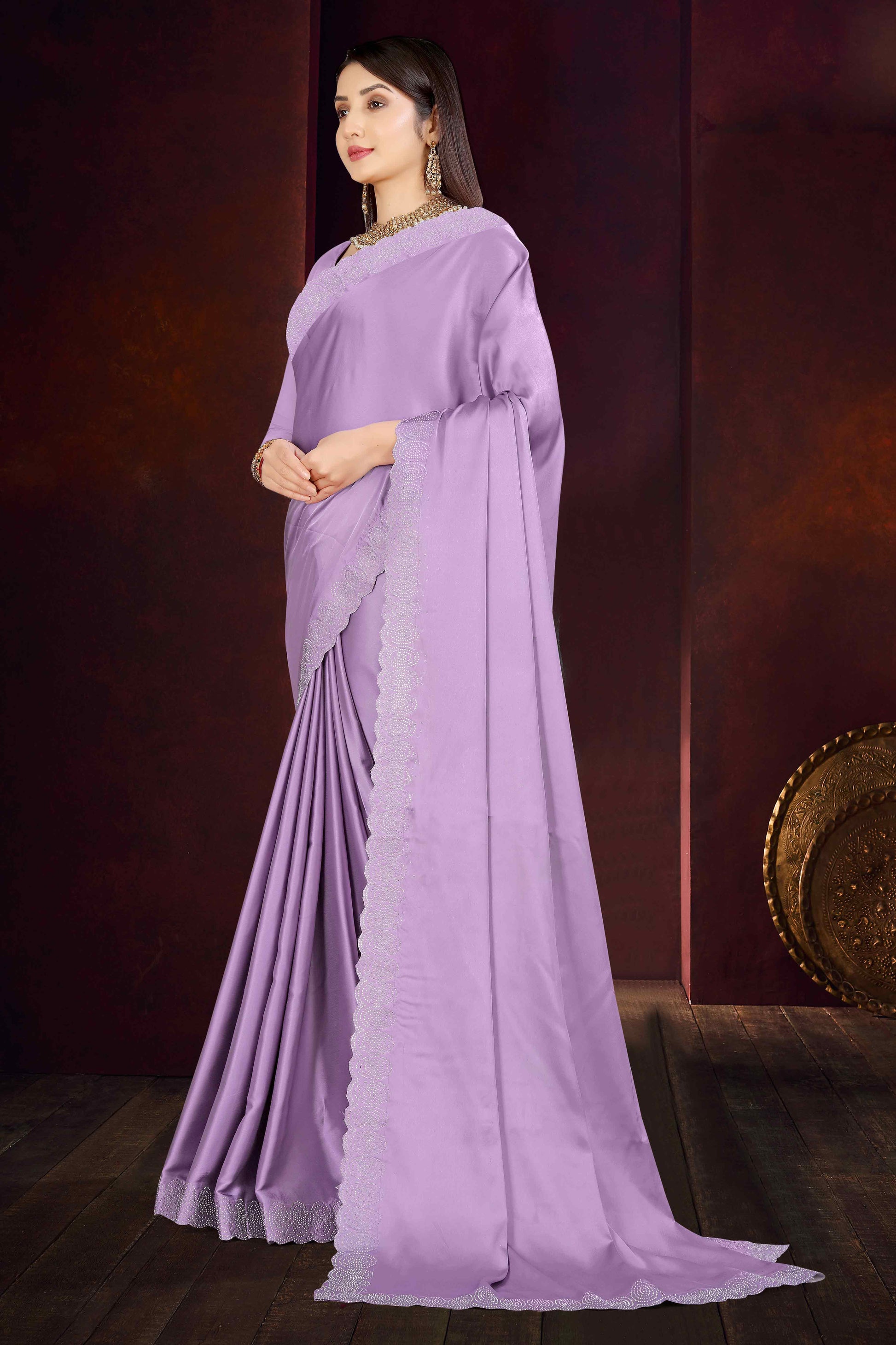 Lavender Solid With Swarovski Work Satin Saree
