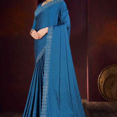 Blue Solid With Swarovski Work Satin Saree