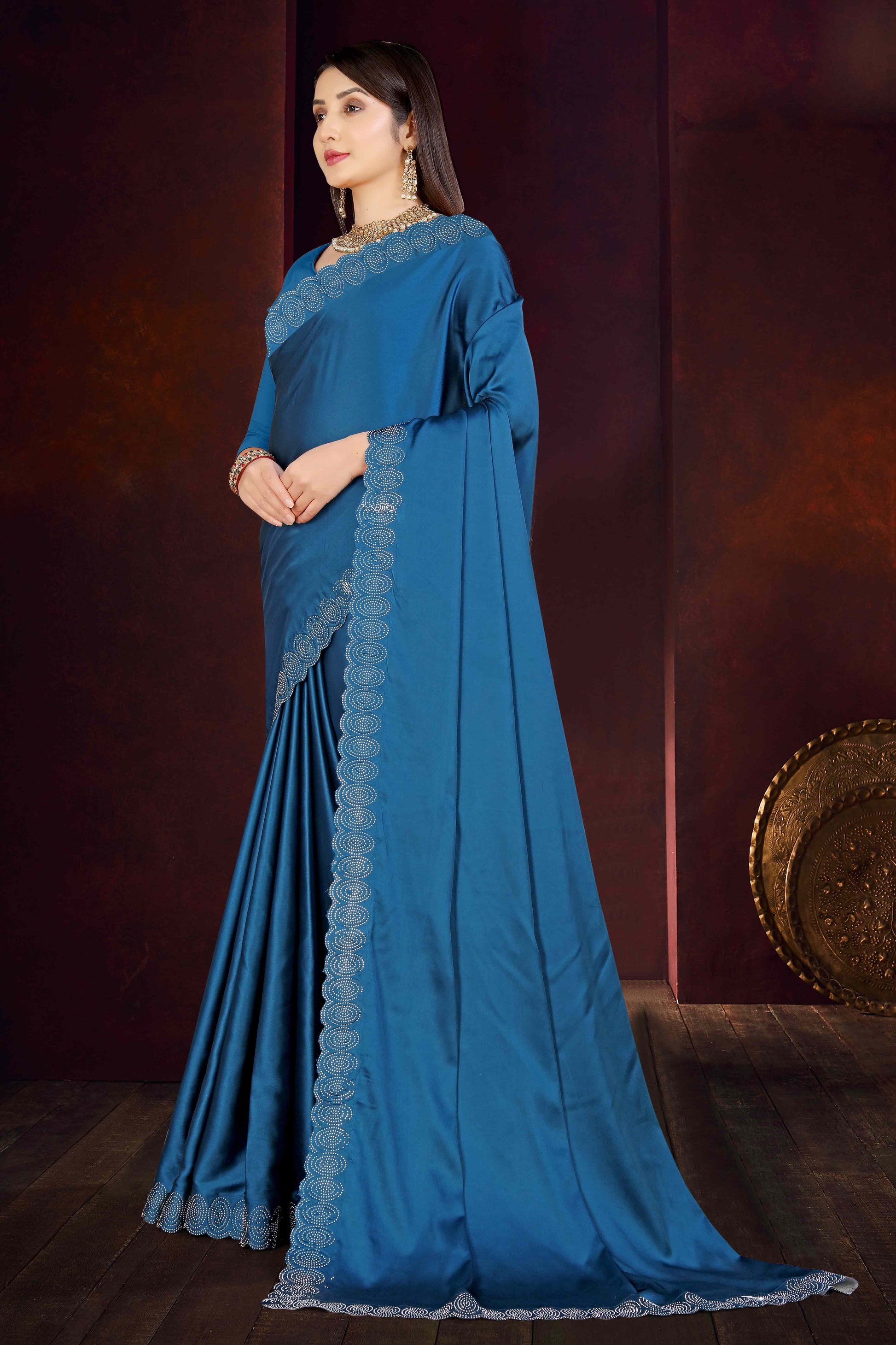 Blue Solid With Swarovski Work Satin Saree