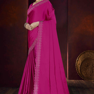 Magenta Solid With Swarovski Work Satin Saree