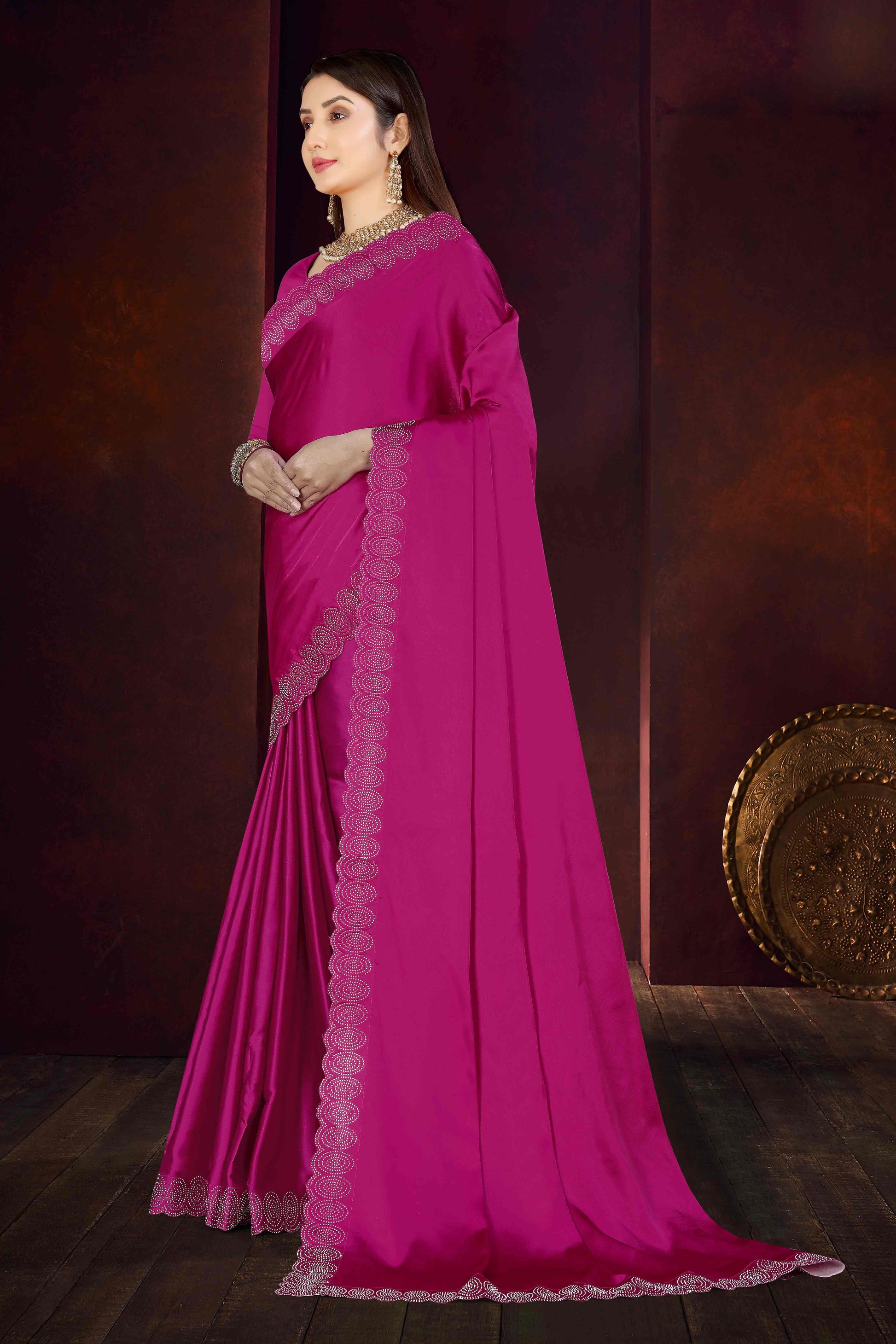 Magenta Solid With Swarovski Work Satin Saree