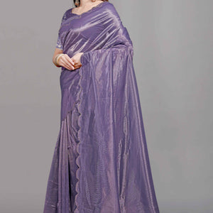 Lavender Solid Net Saree With Zari Border