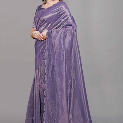 Lavender Solid Net Saree With Zari Border
