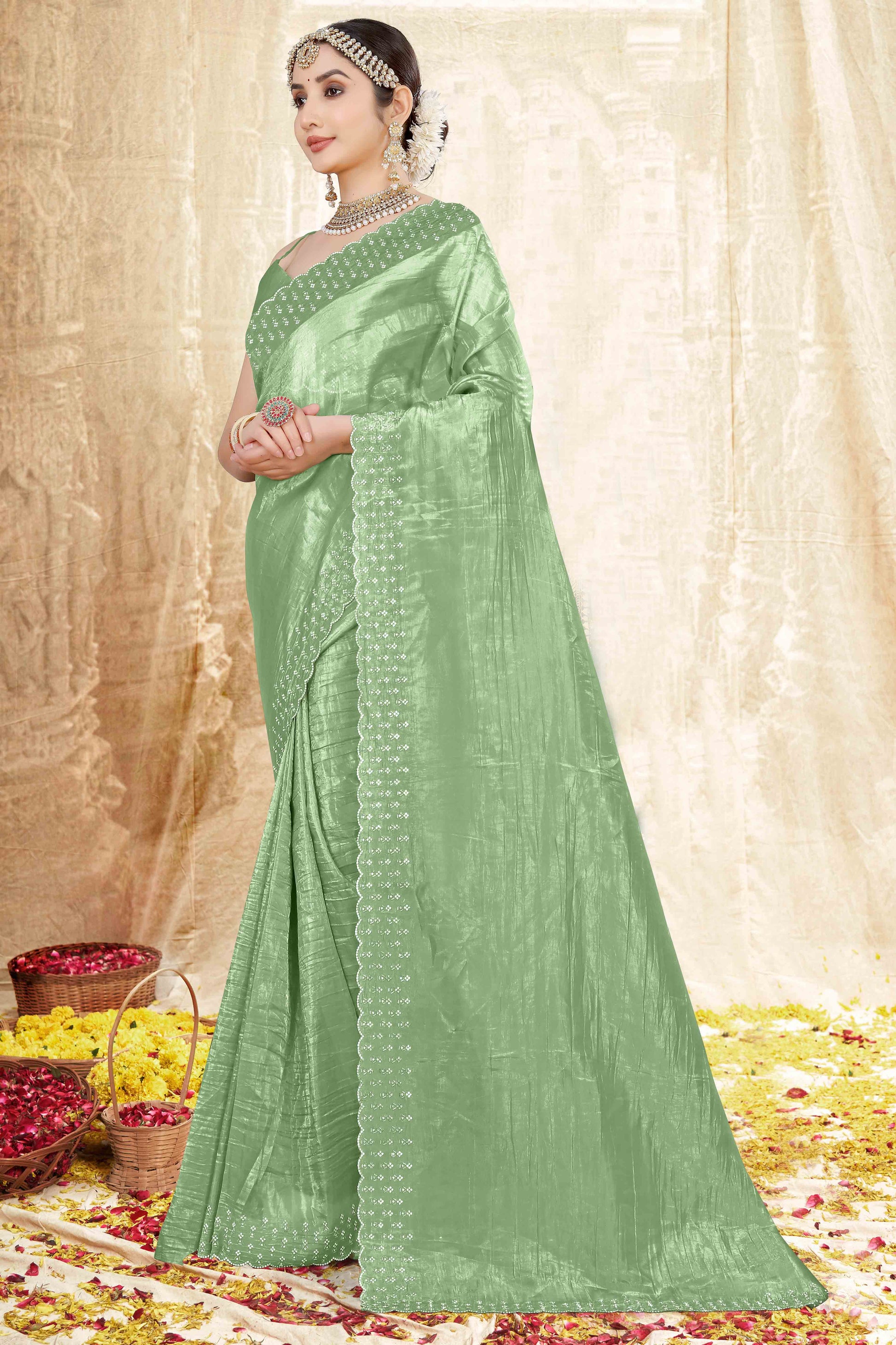 green-zarkan-diamond-work-tissue-gold-crush-saree