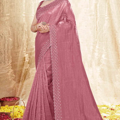 Dusty Pink Zarkan Diamond Work Tissue Gold Crush Saree