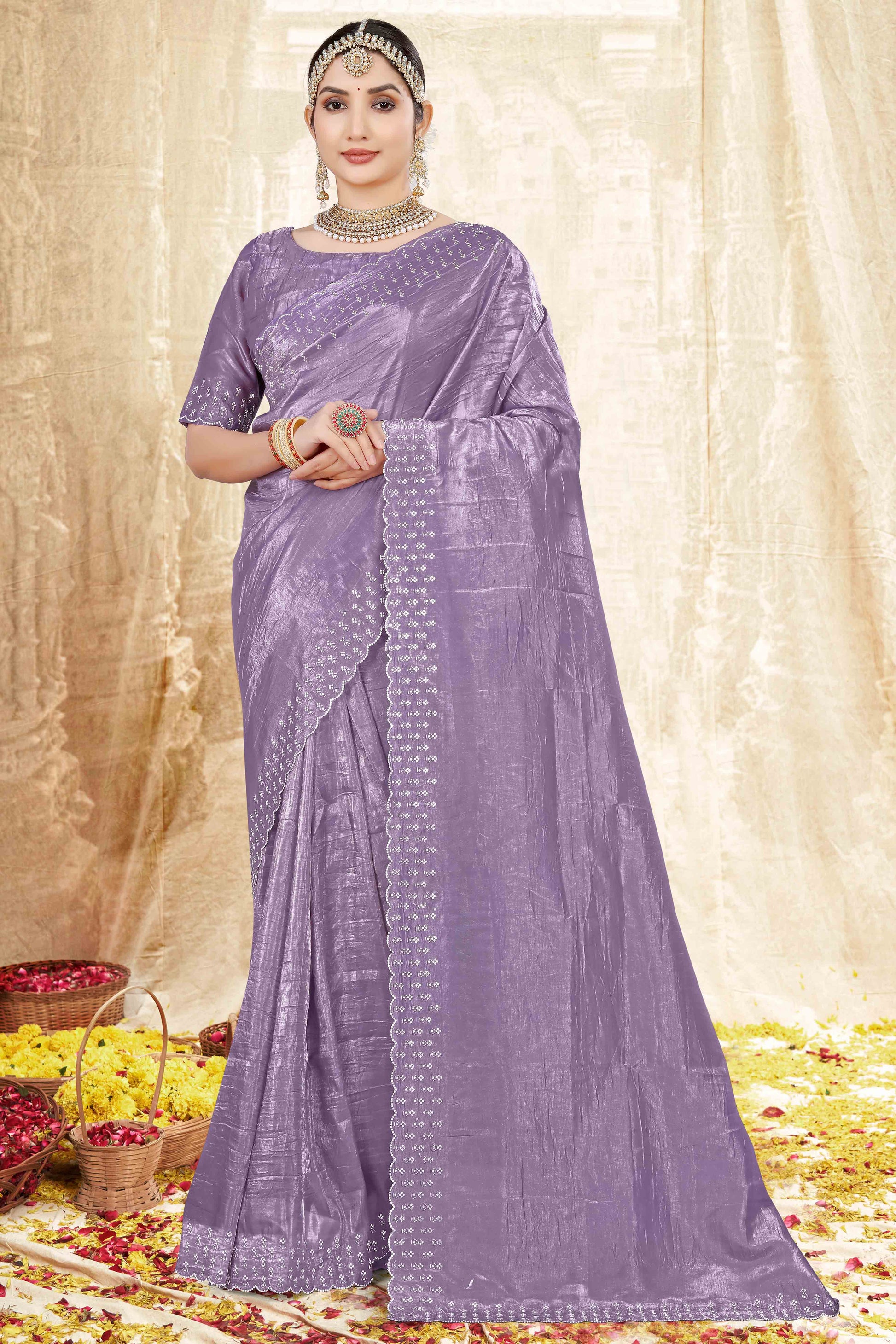 Lavender Zarkan Diamond Work Tissue Gold Crush Saree