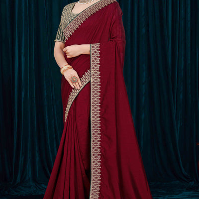 Maroon Solid With Zari Embroidered Vichitra Silk Saree