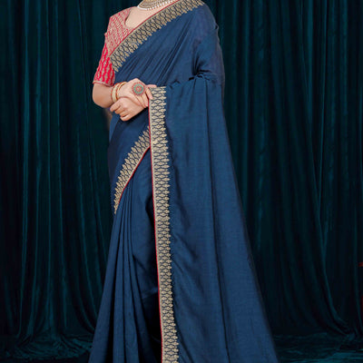 Blue Solid With Zari Embroidered Vichitra Silk Saree