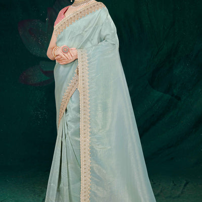 Blue Solid With Swarovski Work Tissue Gold Crush Saree