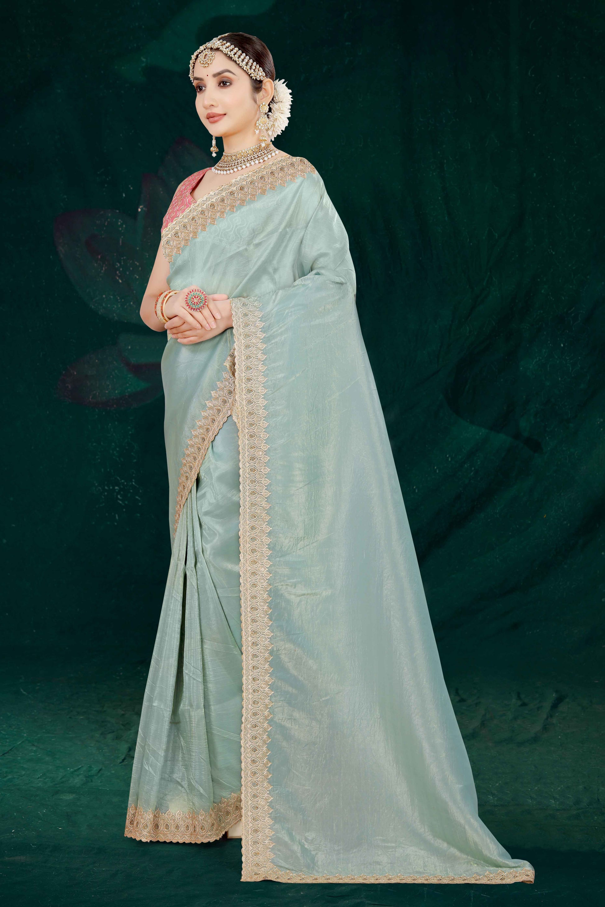 Blue Solid With Swarovski Work Tissue Gold Crush Saree