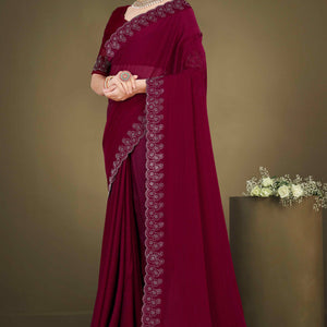 Maroon Solid With Swarovski Work Chiffon Saree