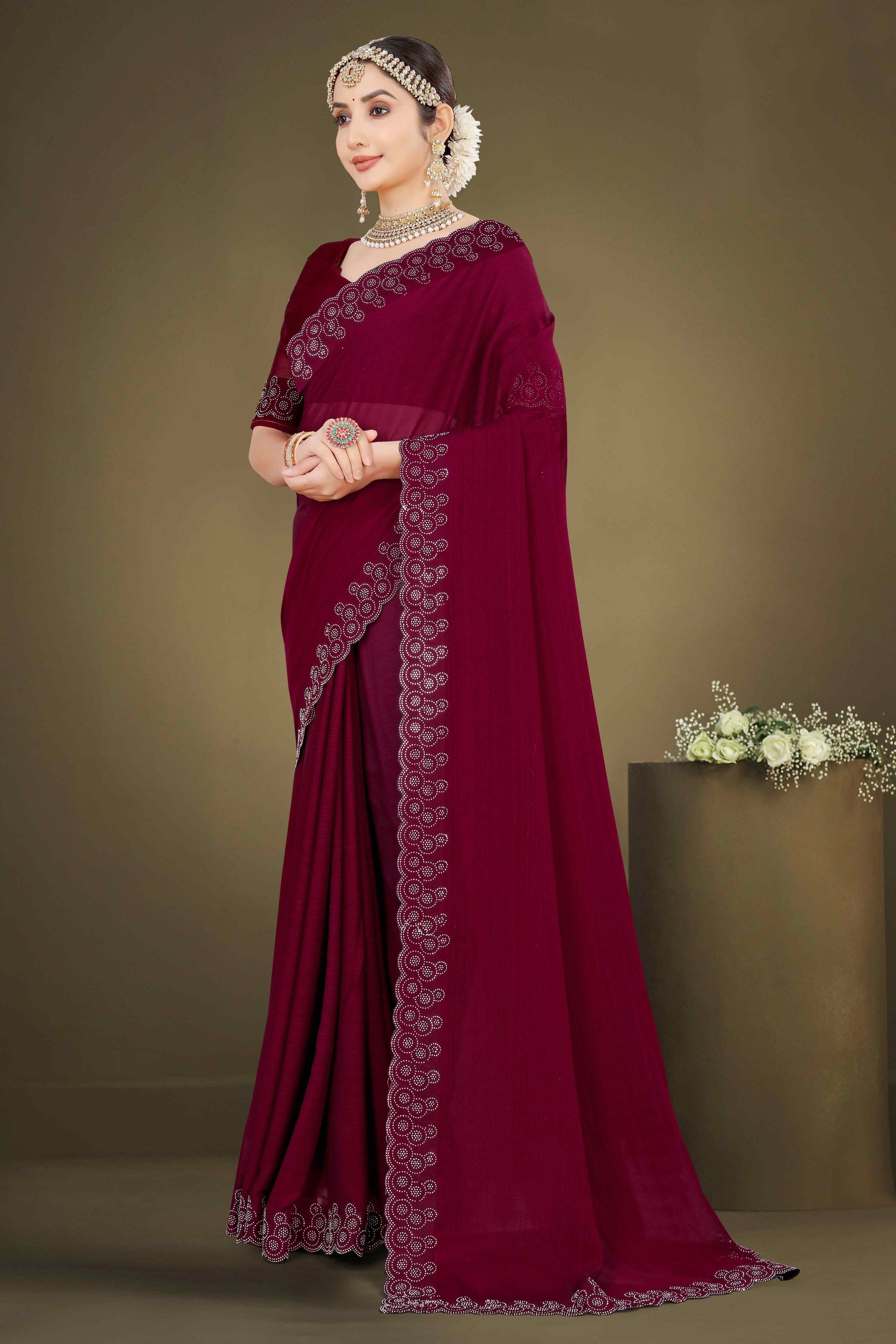 Maroon Solid With Swarovski Work Chiffon Saree