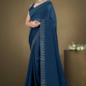 Blue Solid With Swarovski Work Chiffon Saree