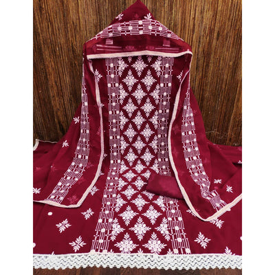 Maroon Floral Embroidered Georgette Dress Material