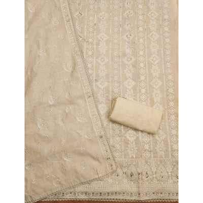 Cream Sequins Embroidered Chanderi Silk Dress Material