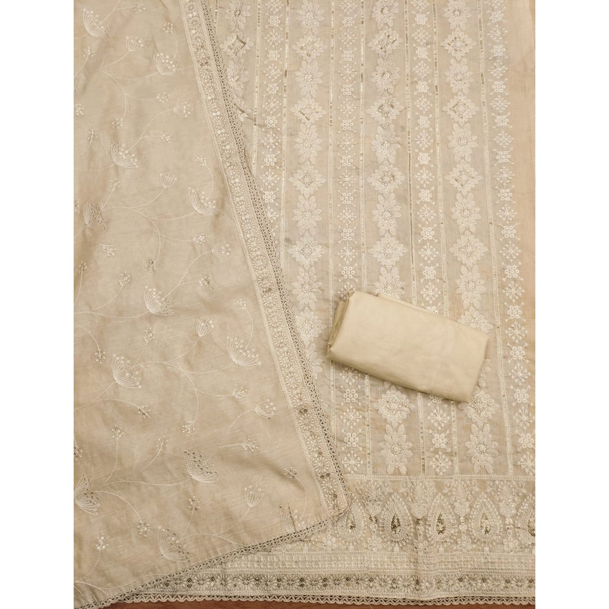 Cream Sequins Embroidered Chanderi Silk Dress Material