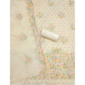 Cream Floral Embroidered Chanderi Dress Material